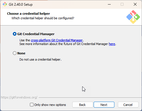 Select the installation of the Git Credential Manager (you may have to uncheck Only show new options).